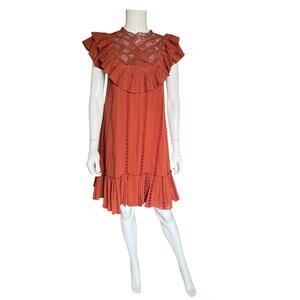 Women's Ruffle Lace Yoke Sleeveless Dress - Rust
